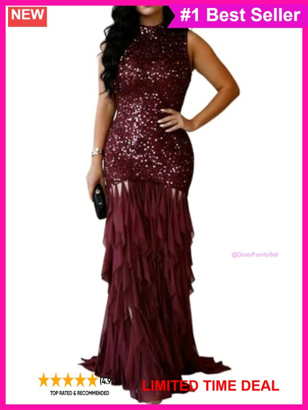 Sparkly Sequin Tiered Ruffled High Neck Formal Maxi Dress Sleeveless Bodycon